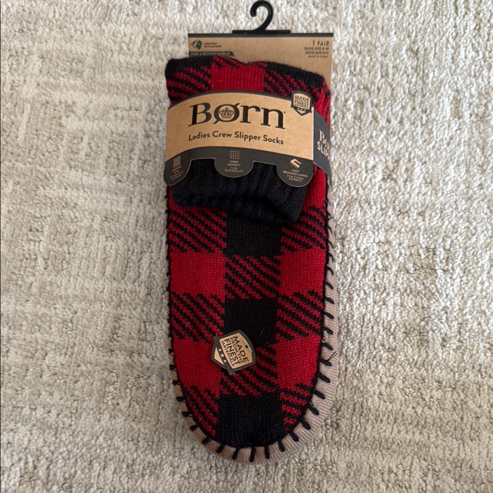Born Red and Black Plaid Slipper Socks